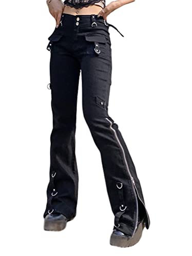 Minetom Damen Hohe Taille Jeanshosen Breites Bein Baggy Jeans Druck Denim Hosen Gothic Dunkel Punk Cargohosen Baggy Streetwear C Schwarz L von Minetom