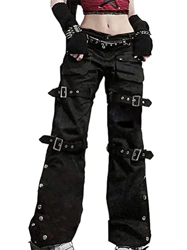 Minetom Damen Hohe Taille Jeanshosen Breites Bein Baggy Jeans Druck Denim Hosen Gothic Dunkel Punk Cargohosen Baggy Streetwear D Schwarz L von Minetom