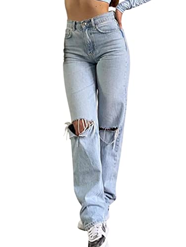 Minetom Damen Hohe Taille Straight Jeans Stretch Jeanshose Zerrissen Destroyed Lose Baggy Jeanshose Boyfriend Denim Gerade Hose Streetwear B Blau M von Minetom