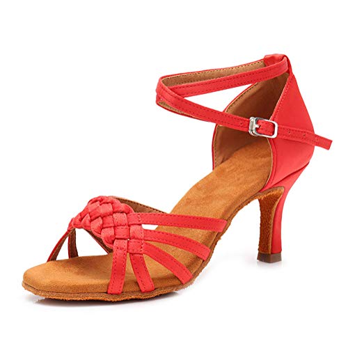 Minetom Damen Hoher Absatz Tanzschuhe Standard Latein Ballsaal Performance Gesellschaftstanz Rumba High Heels Sandalen A Rot/7CM 36 EU von Minetom