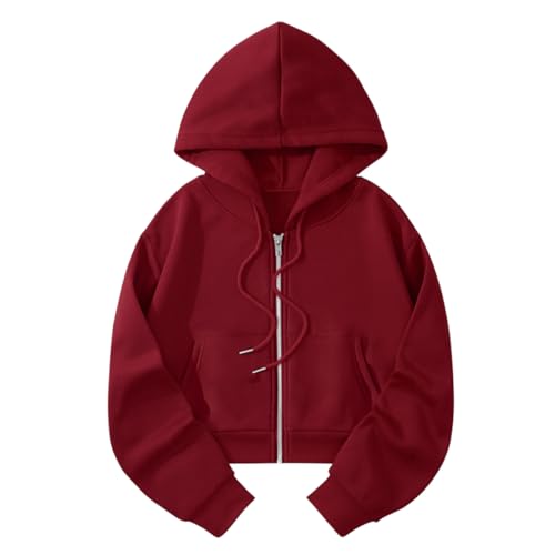 Minetom Damen Hooded Full-Zip Sweatjacke Sweatshirt Hoodie Mit Reissverschluss Cropped Crop Top Kapuzenpullover Kurz Kapuzenjacke A Rot S von Minetom
