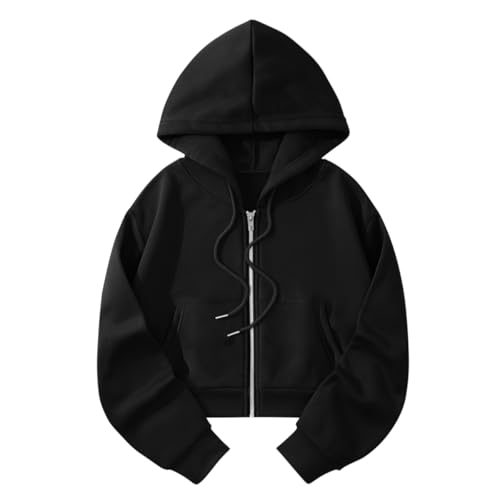 Minetom Damen Hooded Full-Zip Sweatjacke Sweatshirt Hoodie Mit Reissverschluss Cropped Crop Top Kapuzenpullover Kurz Kapuzenjacke A Schwarz M von Minetom
