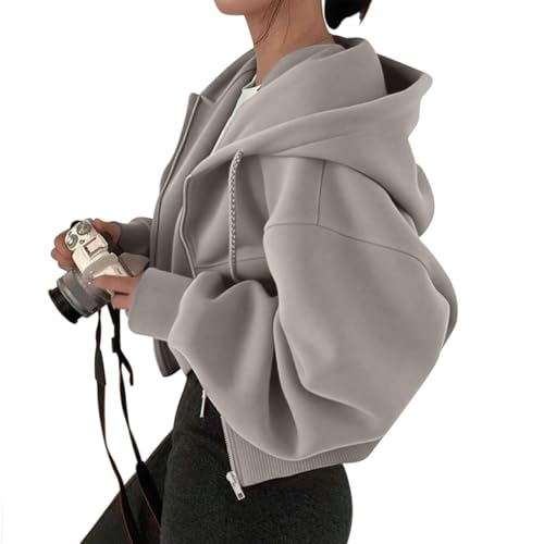 Minetom Damen Hooded Sweatjacke Sweatshirt Mit Kapuze Crop Zipper Hoodie Mit Reissverschluss Sport Kurze Jacke A Grau S von Minetom