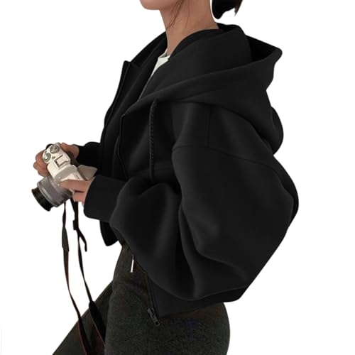 Minetom Damen Hooded Sweatjacke Sweatshirt Mit Kapuze Crop Zipper Hoodie Mit Reissverschluss Sport Kurze Jacke A Schwarz M von Minetom
