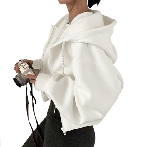 Minetom Damen Hooded Sweatjacke Sweatshirt Mit Kapuze Crop Zipper Hoodie Mit Reissverschluss Sport Kurze Jacke A Weiß S von Minetom