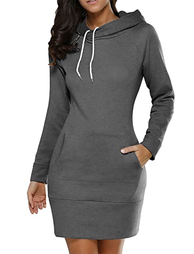 Minetom Damen Hoodie Kleid Oversize Pullover Mit Kapuze Sweatshirtkleid Lang Maxi Winter Herbst Mini Kleider Langarm Lange Kapuzenpulli Jumper Pulli A Dunkelgrau XS von Minetom