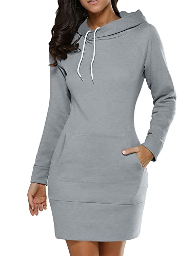 Minetom Damen Hoodie Kleid Oversize Pullover Mit Kapuze Sweatshirtkleid Lang Maxi Winter Herbst Mini Kleider Langarm Lange Kapuzenpulli Jumper Pulli A Grau M von Minetom