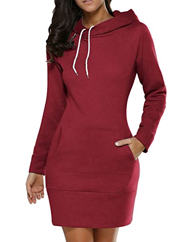 Minetom Damen Hoodie Kleid Oversize Pullover Mit Kapuze Sweatshirtkleid Lang Maxi Winter Herbst Mini Kleider Langarm Lange Kapuzenpulli Jumper Pulli A Rot 3XL von Minetom