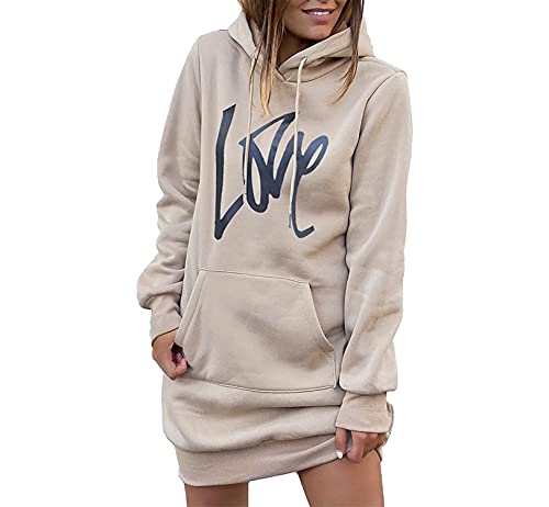 Minetom Damen Hoodie Kleid Pullover Langarm Buchstabenmuster Sweatshirts Kapuzenpullover Tops Herbst Mini Kleid B Aprikose 36 von Minetom