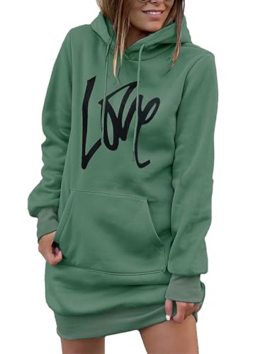 Minetom Damen Hoodie Kleid Pullover Langarm Buchstabenmuster Sweatshirts Kapuzenpullover Tops Herbst Mini Kleid B Hellgrün 36 von Minetom
