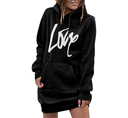 Minetom Damen Hoodie Kleid Pullover Langarm Buchstabenmuster Sweatshirts Kapuzenpullover Tops Herbst Mini Kleid B Schwarz 44 von Minetom