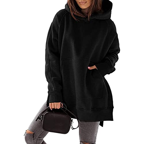 Minetom Damen Hoodie Kleid Pullover Langarm Sweatshirts Kapuzenpullover Lange Tops Casual Täglich Herbst Mini Pulli Kleider Sweatjacke Jumper Oversize Oberteil mit Taschen X Schwarz XL von Minetom