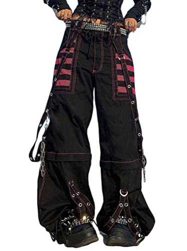 Minetom Damen Hose Lose Straight Leg Punk Stil Pants Vintage Baggy Hose mit Weitem Bein Gothic Kette Hosen Streetwear S Schwarz M von Minetom