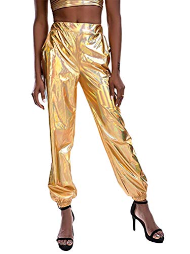 Minetom Damen Hosen Jogginghose Elastischer Bund Sweathose mit Taschen Glänzend PU Leder Fitness Sporthose Trainingshose Freizeithose B Gold X-Large von Minetom