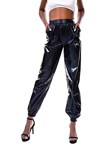 Minetom Damen Hosen Jogginghose Elastischer Bund Sweathose mit Taschen Glänzend PU Leder Fitness Sporthose Trainingshose Freizeithose B Schwarz XX-Large von Minetom
