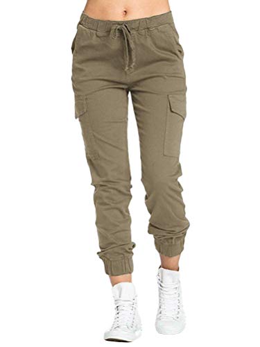 Minetom Damen Hosen Jogginghose Sporthose Workwear Combat Cargo Multi Taschen Elastisch Einfarbig Freizeithose mit Kordelzug Khaki XL von Minetom