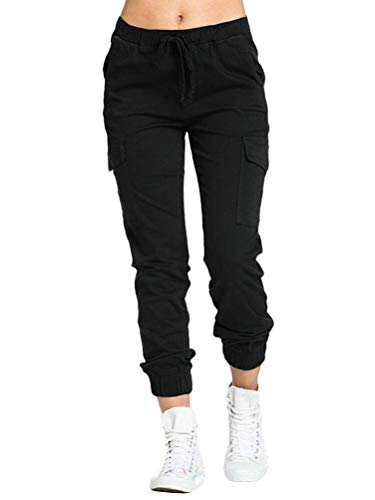 Minetom Damen Hosen Jogginghose Sporthose Workwear Combat Cargo Multi Taschen Elastisch Einfarbig Freizeithose mit Kordelzug Schwarz XL von Minetom