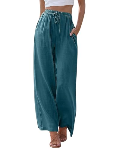 Minetom Damen Hosen Sommer Leicht Casual Locker Freizeithose Palazzo Hose Weite Leg Hose Sommerhose Hohe Taille Mit Tunnelzug Und Taschen A Blau M von Minetom