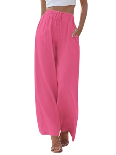 Minetom Damen Hosen Sommer Leicht Casual Locker Freizeithose Palazzo Hose Weite Leg Hose Sommerhose Hohe Taille Mit Tunnelzug Und Taschen A Rosa M von Minetom