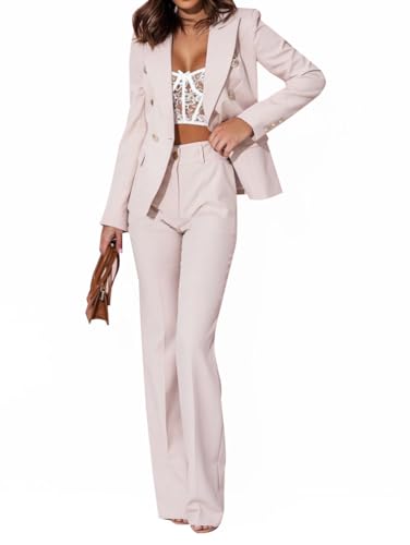Minetom Damen Hosenanzug Elegant Business Anzug Set Revers Büro Langarm Anzugjacke Blazer Hose 2-teilig Anzug Zweiteiler Slim Fit Festlich Streetwear A Beige XL von Minetom