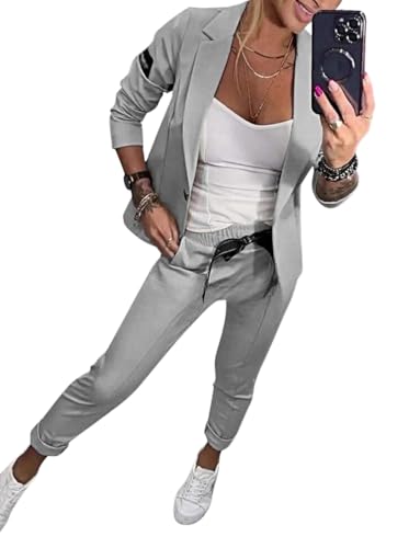 Minetom Damen Hosenanzug Zweiteiler Elegant Business Anzug Set Revers Büro Langarm Anzugjacke Blazer Hose 2-teilig Outfit Festlich Streetwear A Grau XS von Minetom