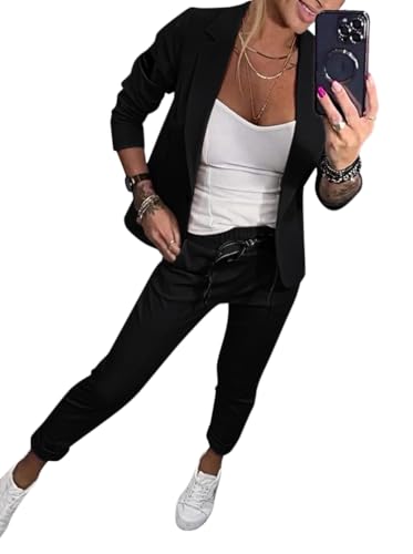 Minetom Damen Hosenanzug Zweiteiler Elegant Business Anzug Set Revers Büro Langarm Anzugjacke Blazer Hose 2-teilig Outfit Festlich Streetwear A Schwarz XS von Minetom