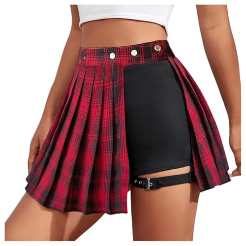 Minetom Damen Hosenrock Kurze Hose Culottes Hosen Minirock Asymmetrisch Röcke Mit Schnalle Gothic Faltenrock Rave Outfit Rock Cargo Hosenrock A1 Rot S von Minetom