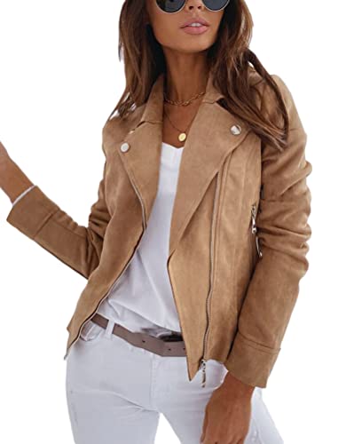 Minetom Damen Jacke Kurz Übergangsjacke Moto Bikerjacke Herbst Reverskragen Langarm Reißverschluss Leicht Boyfriend Mantel A Khaki S von Minetom