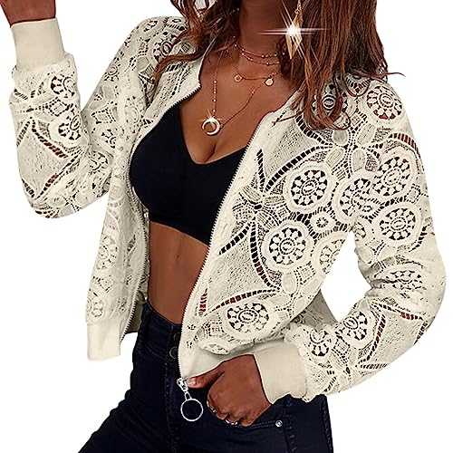 Minetom Damen Jacke Spitze Langarm Bomberjacke Bolero Elegante Reißverschluss Leichte Outwear Kurz Mantel Herbst Frühling Jacke A Beige L von Minetom