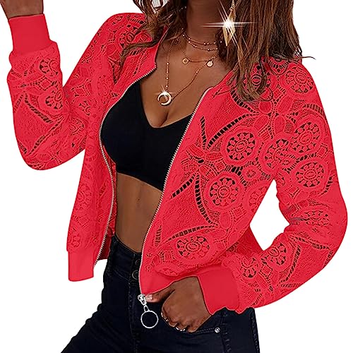 Minetom Damen Jacke Spitze Langarm Bomberjacke Bolero Elegante Reißverschluss Leichte Outwear Kurz Mantel Herbst Frühling Jacke A Rot XXL von Minetom