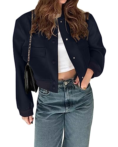 Minetom Damen Jacke Übergangsjacke Bomberjacke Herbst Winter Langarm Taschen Moto Bikerjacke Outwear Boyfriend Kurze Mantel mit Knöpfen A Marine S von Minetom