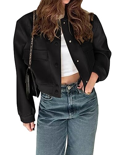 Minetom Damen Jacke Übergangsjacke Bomberjacke Herbst Winter Langarm Taschen Moto Bikerjacke Outwear Boyfriend Kurze Mantel mit Knöpfen A Schwarz S von Minetom