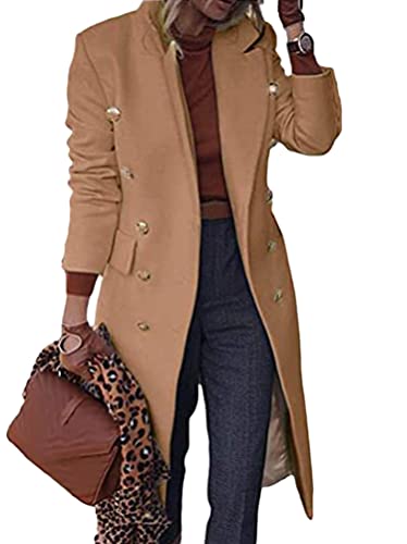 Minetom Damen Jacke Zweireihige Mittellange Mantel Elegant Langer Blazer Langarm Slim Fit Einfarbig Trenchcoat A Khaki XXL von Minetom