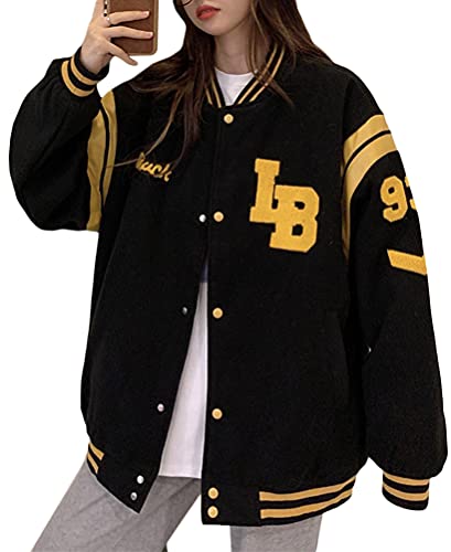 Minetom Damen Jacken College Cargo Jacke Baseball Sportjacke Sweatjacke Patchwork Hoodies Mantel Streetwear Z7 Schwarz M von Minetom