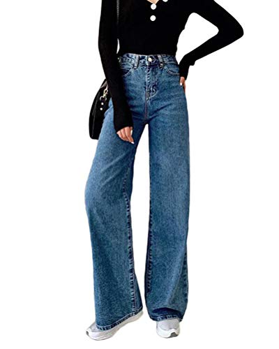 Minetom Damen Jeans Boyfriend High Waist Jeanshose Locker Lang Boyfriend Jeans Blau Weites Bein Hose Denim Straight Lässig Weich Pants (M, D Dunkelblau) von Minetom