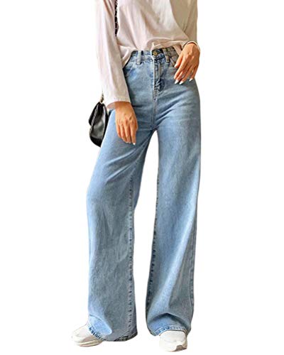 Minetom Damen Jeans Boyfriend High Waist Jeanshose Locker Lang Boyfriend Jeans Blau Weites Bein Hose Denim Straight Lässig Weich Pants D Blau Medium von Minetom