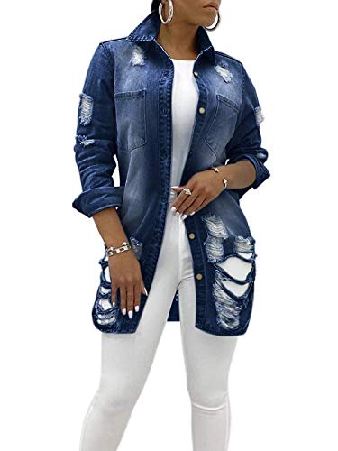 Minetom Damen Jeans Denim Jacke Blouson Übergangsjacke Mantel Outwear Trenchcoat Frühling Lange Cut Out OversizeJacke Jacken C Blau 34 von Minetom