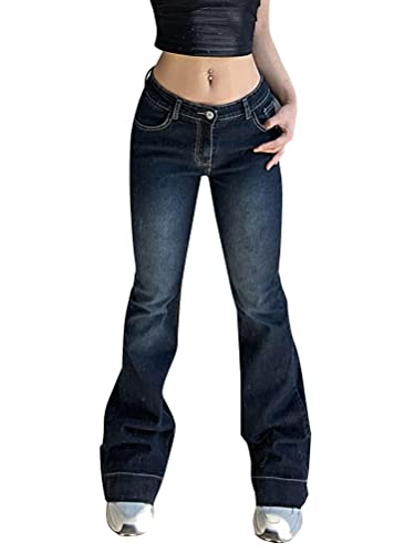 Minetom Damen Jeans Hose Lose Breite Beine Jeanshosen Y2K Style Vintage Gerade Jeanshose Hohe Taille Freizeithose Teenager Mädchen Streetwear Hose F Dunkelblau S von Minetom