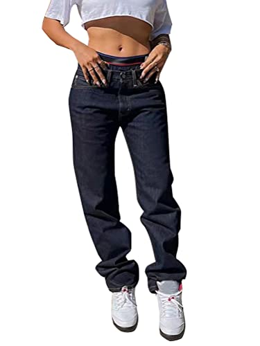 Minetom Damen Jeans Hose Lose Breite Beine Jeanshosen Y2K Style Vintage Gerade Jeanshose Hohe Taille Freizeithose Teenager Mädchen Streetwear Hose H Dunkelblau M von Minetom