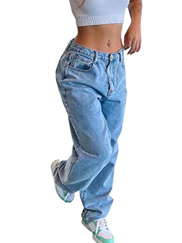 Minetom Damen Jeans Hose Lose Breite Beine Jeanshosen Y2K Style Vintage Gerade Jeanshose Hohe Taille Freizeithosen Teenager Mädchen Streetwear Hose H Blau S von Minetom