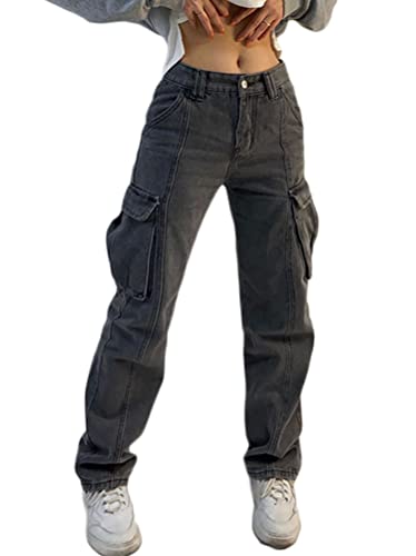 Minetom Damen Jeans Hose Stretch Lose Druck Straight Leg Denim Jeanshosen Baggy Pants Hohe Taille Hosen Streetwear P Grau S von Minetom