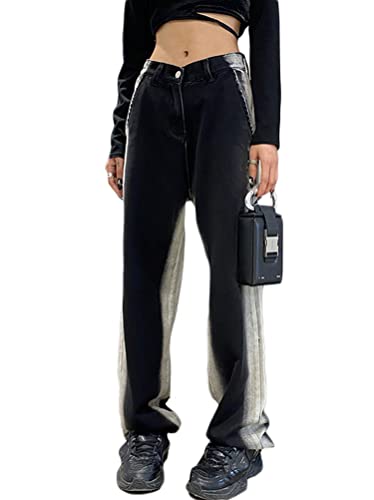 Minetom Damen Jeans Hose Stretch Lose Druck Straight Leg Denim Jeanshosen Hohe Taille Farbblock Hosen Streetwear J Schwarz M von Minetom