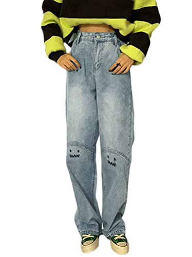 Minetom Damen Jeans Hose Stretch Lose Druck Straight Leg Denim Jeanshosen Hohe Taille Hosen Streetwear K Blau M von Minetom