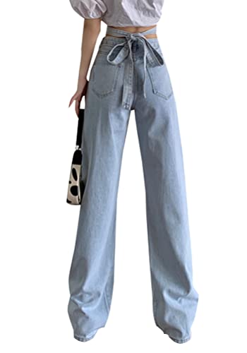 Minetom Damen Jeans Hose Stretch Lose Druck Straight Leg Denim Jeanshosen Vintage Hose mit Weitem Bein Streetwear C Blau XS von Minetom