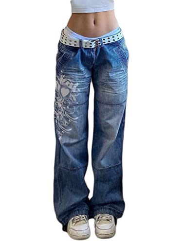 Minetom Damen Jeans Hose Stretch Lose Druck Straight Leg Denim Jeanshosen Vintage Hose mit Weitem Bein Streetwear F Blau XS von Minetom