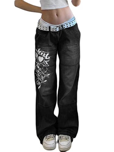 Minetom Damen Jeans Hose Stretch Lose Druck Straight Leg Denim Jeanshosen Vintage Hose mit Weitem Bein Streetwear F Schwarz XS von Minetom