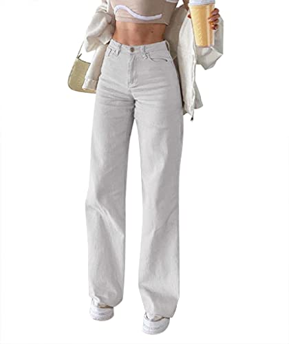 Minetom Damen Jeans Hose mit Hoher Taille Straight Y2K Style Harajuku E-Girl Streetwear Pants Casual Slim Freizeit Baggy Jeans Damen High Waist 90er Hipster Flare Denim Hose Gerade Hosen A Weiß S von Minetom