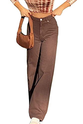 Minetom Damen Jeans Y2K Harajuku Hose High Waist Streetwear Hose Casual Pants Straight Vintage E-Girl Denim Hose A1 Braun XS von Minetom
