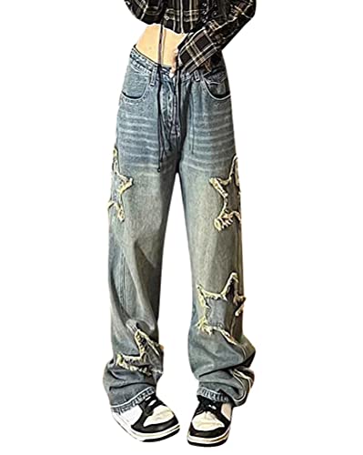 Minetom Damen Jeans Sterndruck Weites Bein Gerade Denim Jeans Y2K Baggy Hose Vintage Streetwear Cargohose Mit Taschen A Hellblau L von Minetom