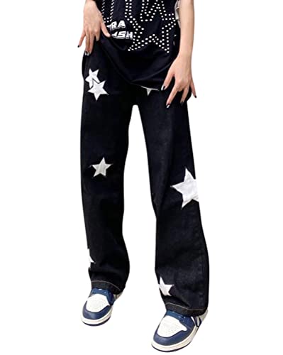Minetom Damen Jeans Sterndruck Weites Bein Gerade Denim Jeans Y2K Baggy Hose Vintage Streetwear Cargohose Mit Taschen C Schwarz M von Minetom